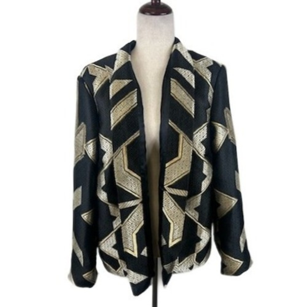 Chico's Blazer Jacket Women's Size‎ 2 Black Gold Geometric Open Front
